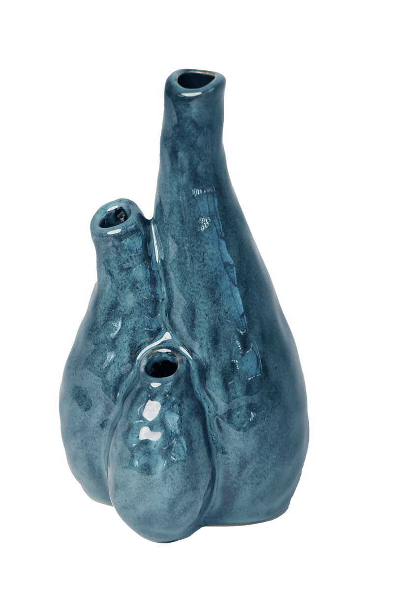 Blue ceramic vase with three openings on a transparent background.