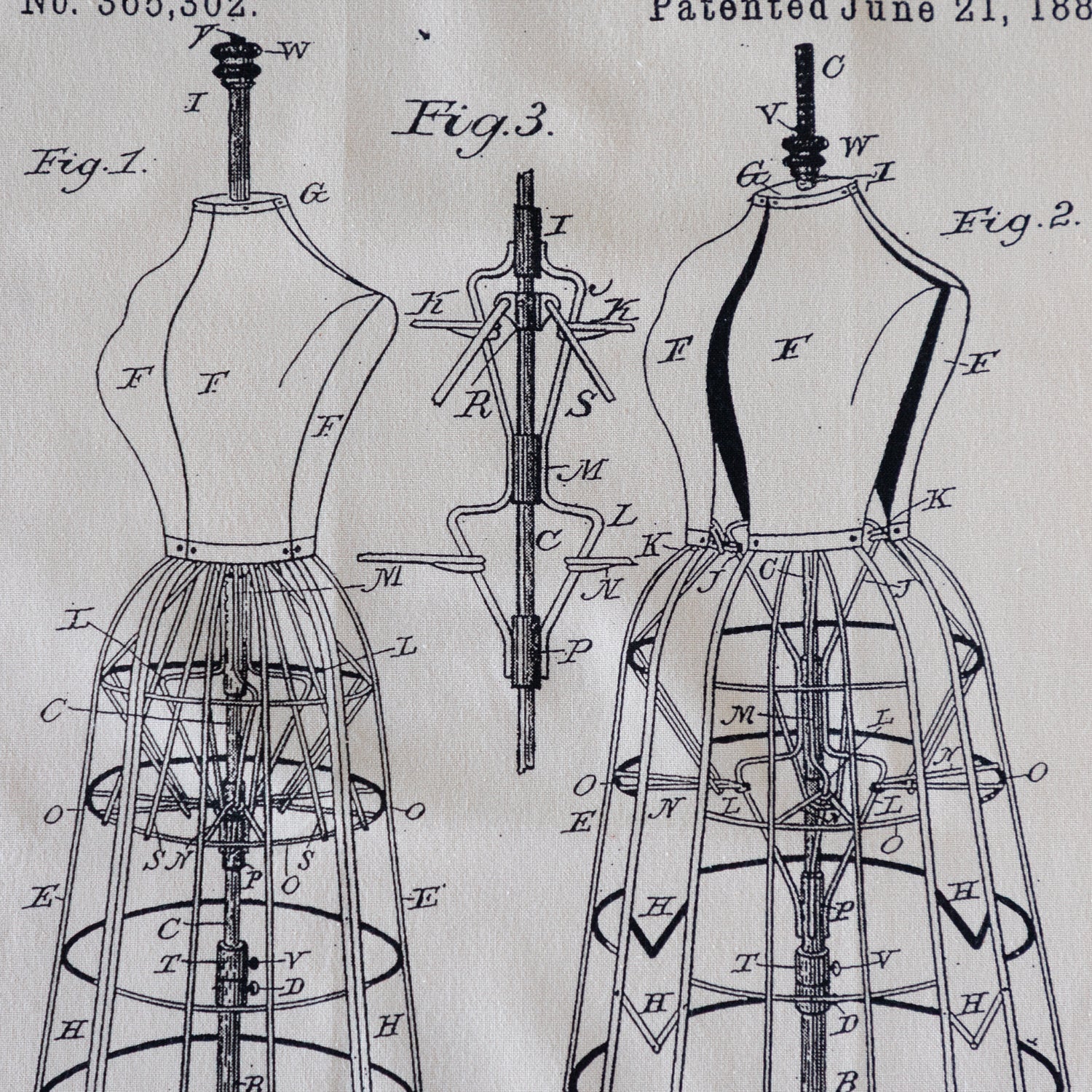 Vintage patent illustration of a dress form with detailed labeled parts on a tea towel.