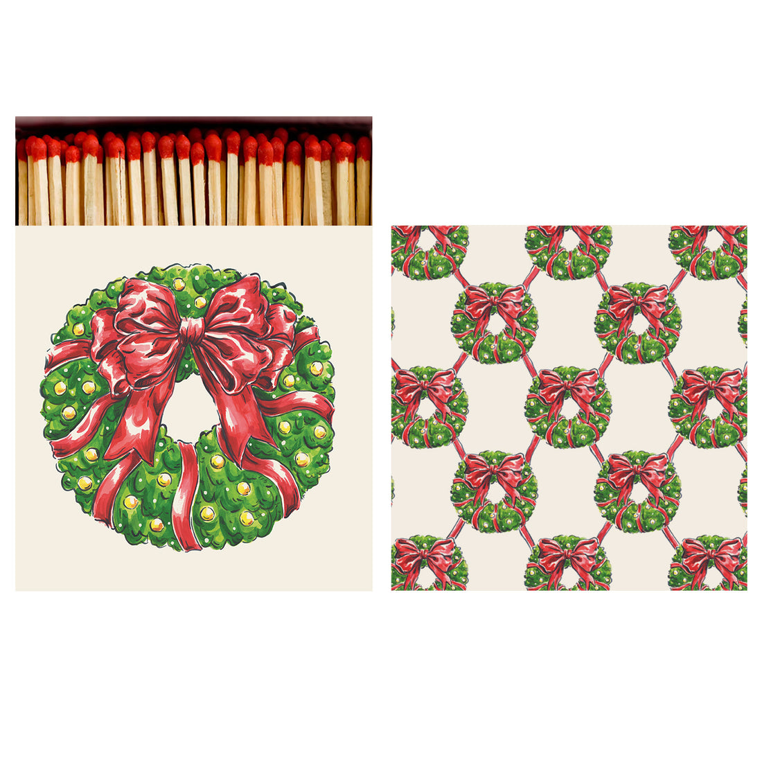 Holiday Wreath Matches front and back view. The front features a green holiday wreath with a red bow and the back an alternating lattice pattern of holiday wreaths on a cream background.
