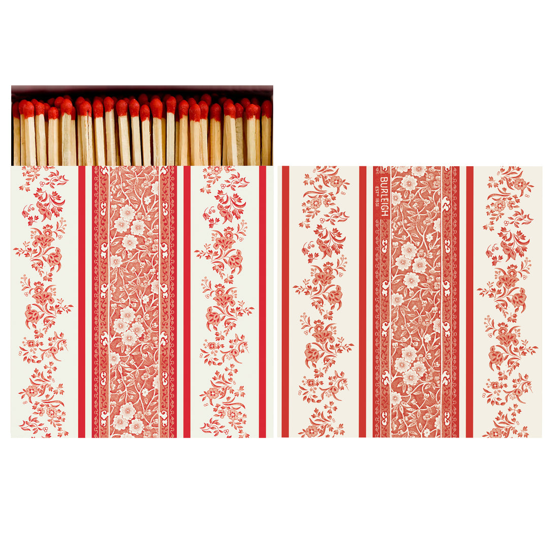 The front and back view of the Red Burleigh Stripe Matches featuring an alternating vertical pattern of red stripes and Burleigh floral patterns.