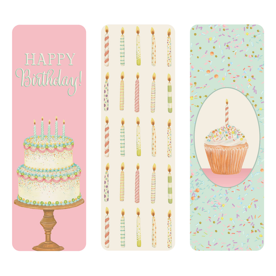 Happy Birthday Bookmarks Set of 3. The first showcases a birthday cake with a &quot;Happy Birthday Message&quot; the second features rows of colorful candles, and the third presents a cupcake with a candle on a confetti background. 