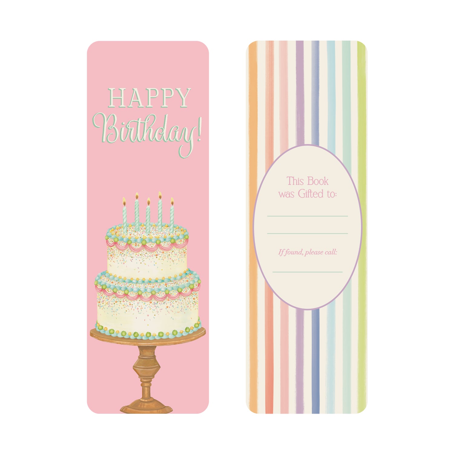 The front of the Birthday Bookmark showcasing a "Happy Birthday" message with a cake on a pink background, while the back shows a gift label on a sorbet stripe background.