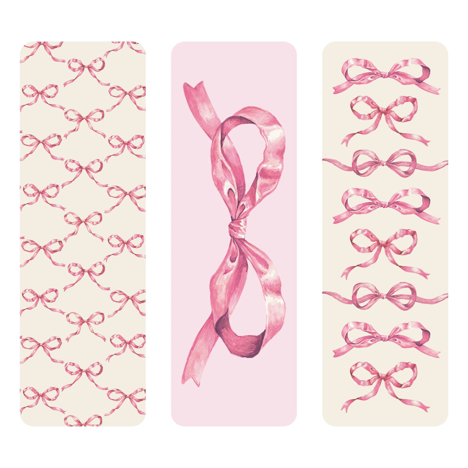 Pink Bow Bookmarks Set of 3 in a pink bow lattice, giant pink bow on a pink background and assorted bows going down the bookmark.
