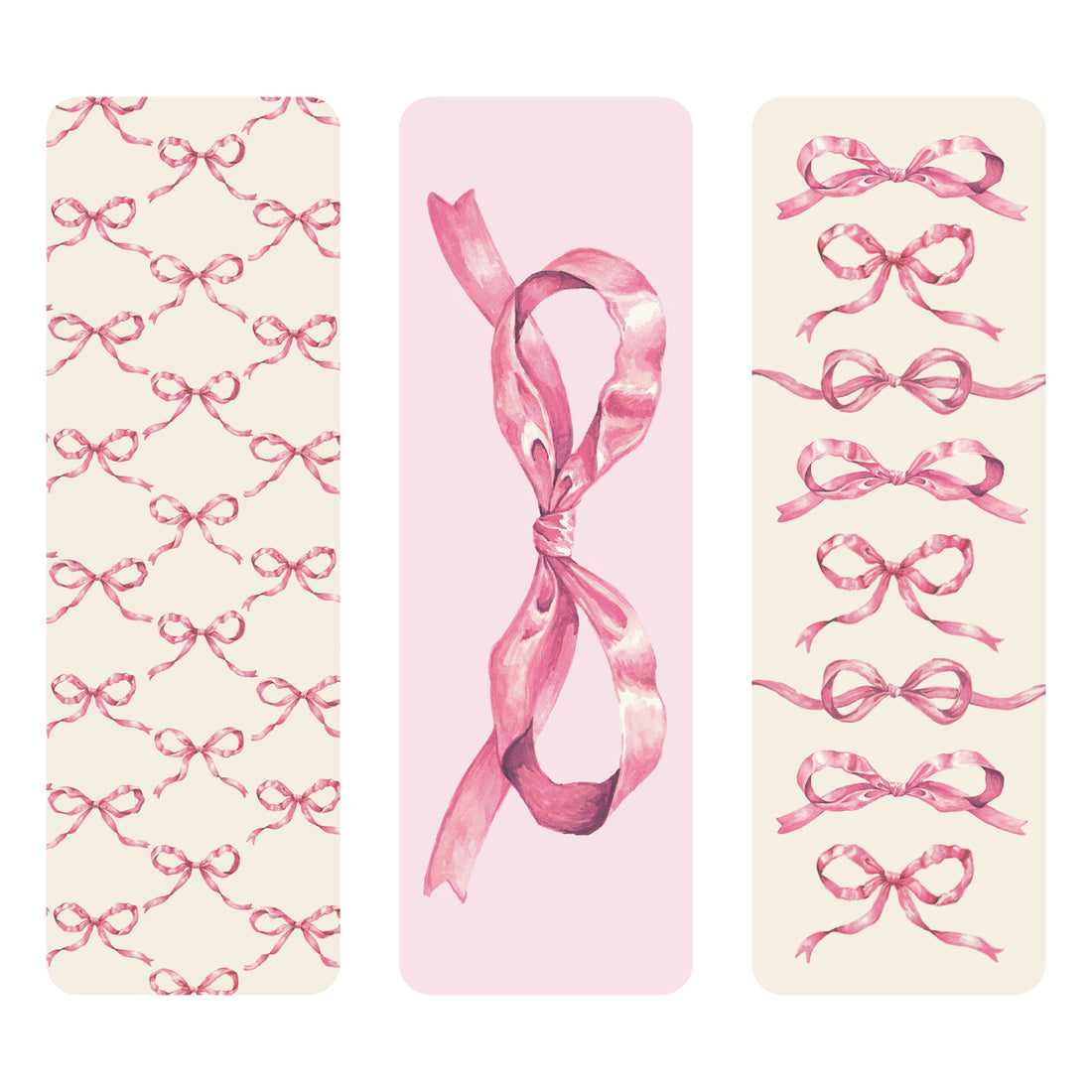 Pink Bow Bookmarks Set of 3 in a pink bow lattice, giant pink bow on a pink background and assorted bows going down the bookmark.
