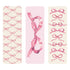 Pink Bow Bookmarks Set of 3 in a pink bow lattice, giant pink bow on a pink background and assorted bows going down the bookmark.