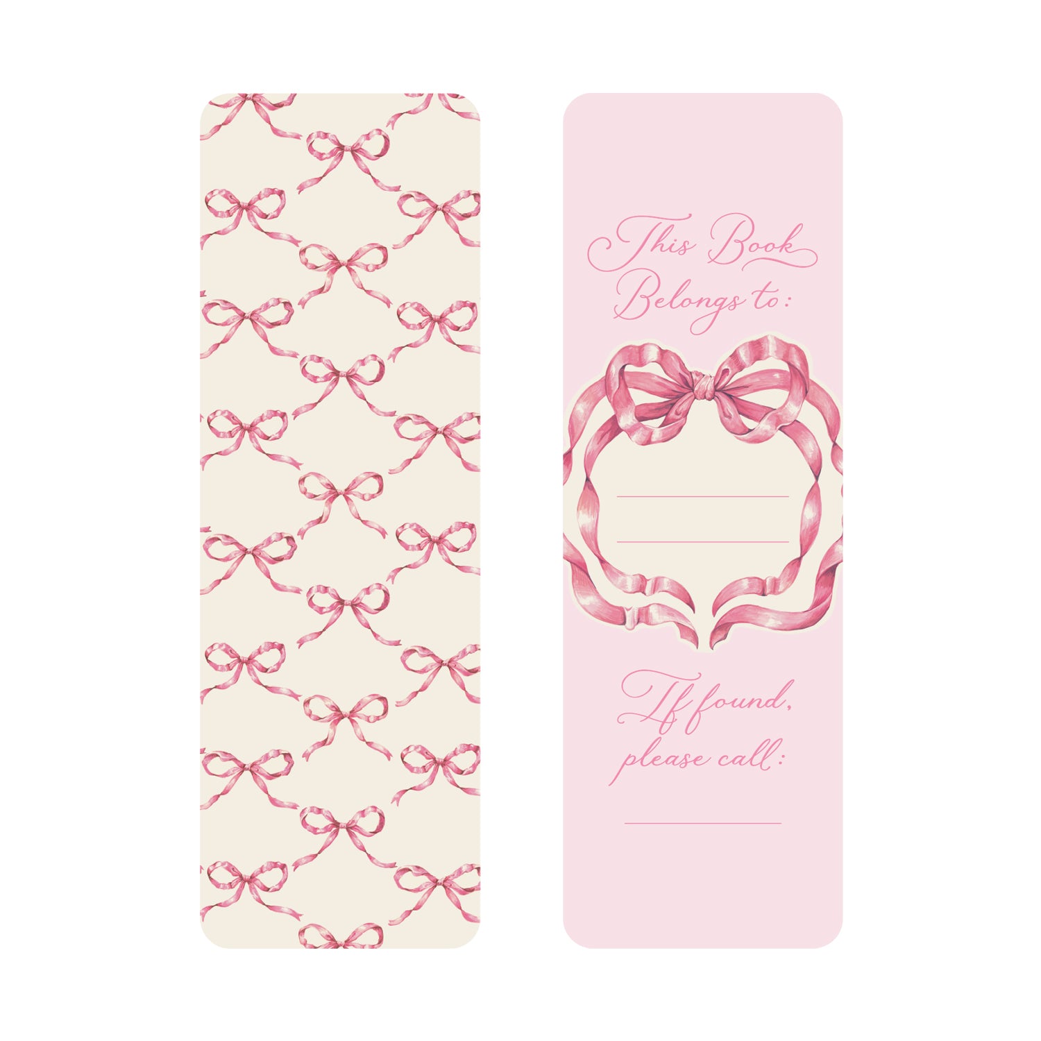 The front of the Pink Bow Bookmark showcasing a pink bow lattice design and the back showcasing a name label inside of a pink bow, on a pink background.