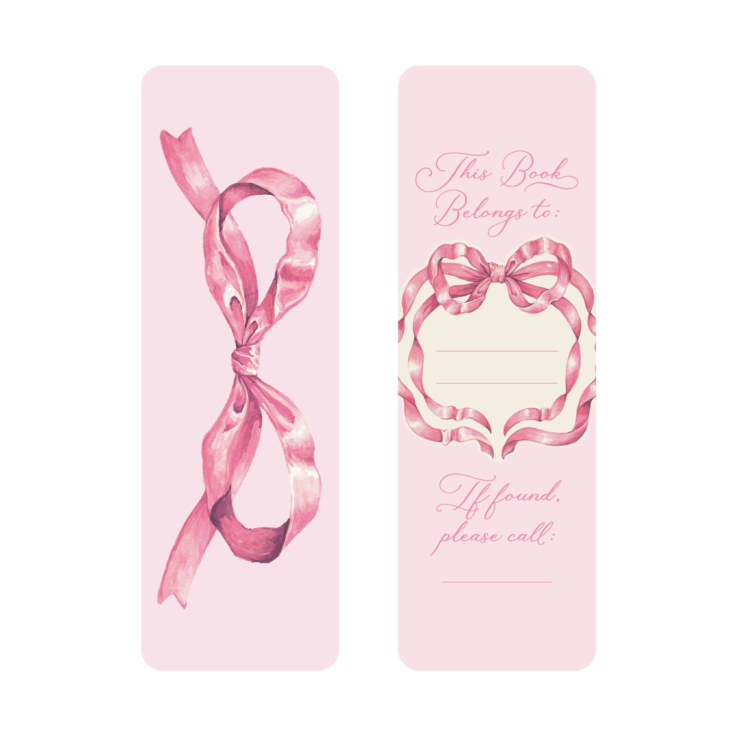 The front of the Pink Bow Bookmark showcasing a vertical pink bow and the back showcasing a name label with a pink bow on a pink background.