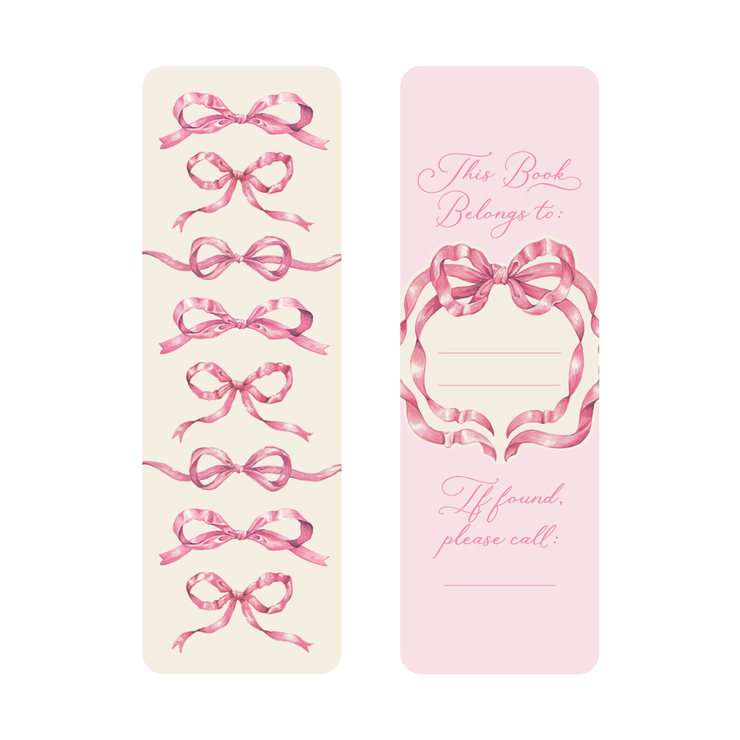 The front of the Pink Bow Bookmark showcasing a vertical line of assorted pink bows and the back showcasing a name label with a pink bow on a pink background.