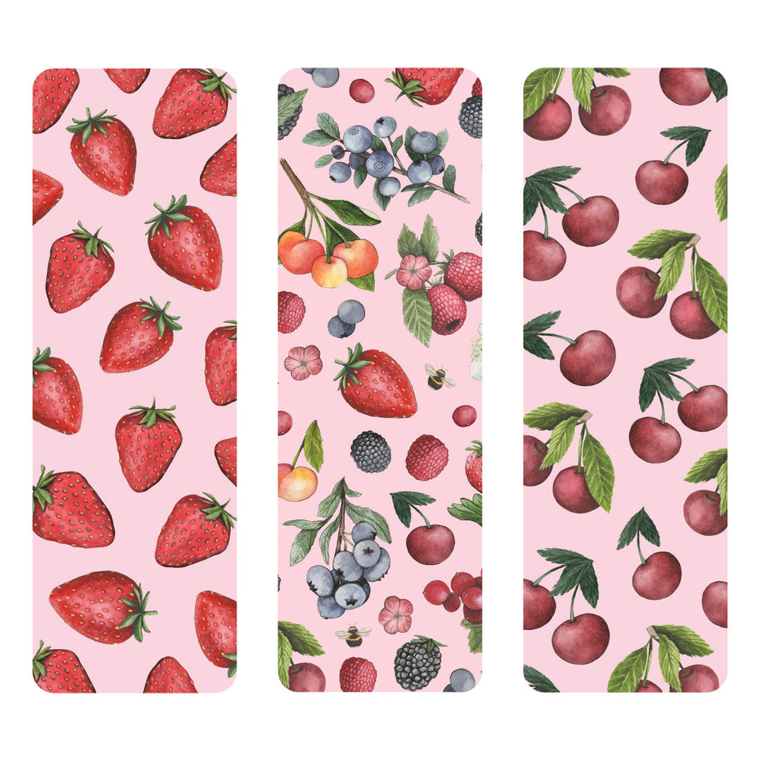 Berries &amp; Cherries Bookmarks Set of 3 showcasing a pattern of strawberries, wild berries and cherries.