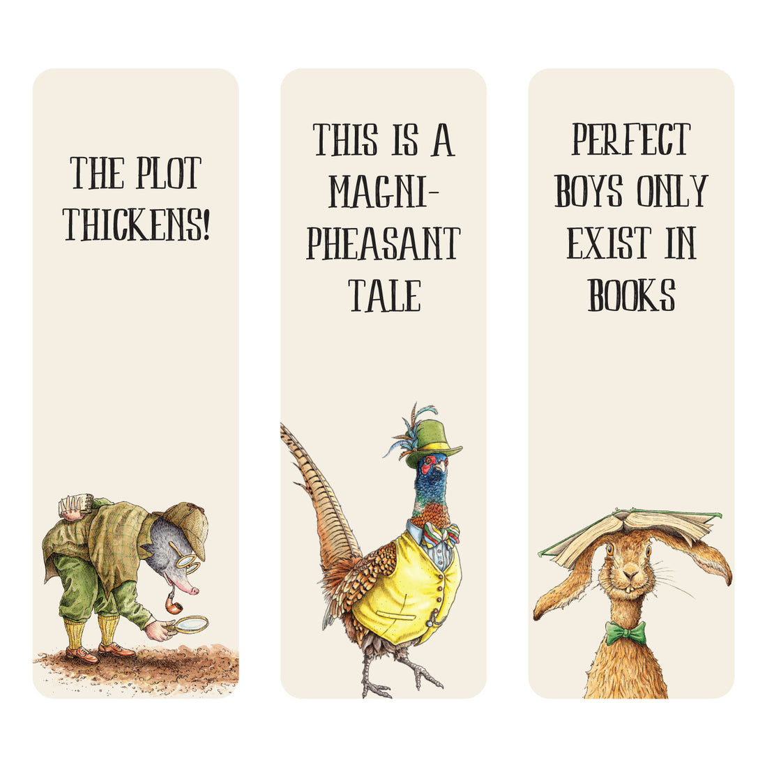 Three Avid Reader Bookmarks showcasing whimsical animal illustrations and puns: a mole detective with "The plot thickens!, a witty pheasant with "This is a magni-pheasant tale, and a playful rabbit with "Perfect boys only exist in books."