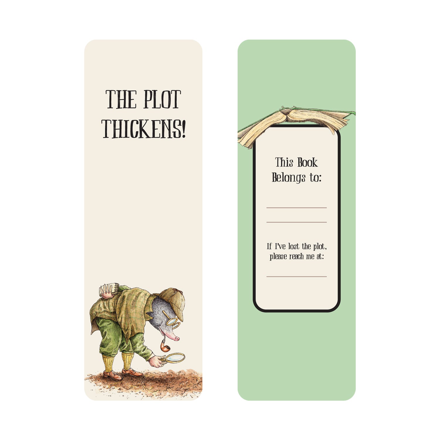 An Avid Reader Bookmark featuring Bewilderbeest artwork with a mole detective and the pun &quot;The plot thickens!,&quot; on the front. The back offers space for ownership details and features an open book illustration.