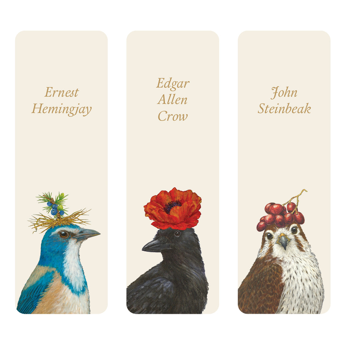 Iconic Authors Bookmarks Set of 3 featuring artwork by Vicki Sawyer of three fanciful birds with pun names: Ernest Heminjay, Edgar Allen Crow, and John Steinbeak. Each wears a distinctive hat crafted from natural elements.