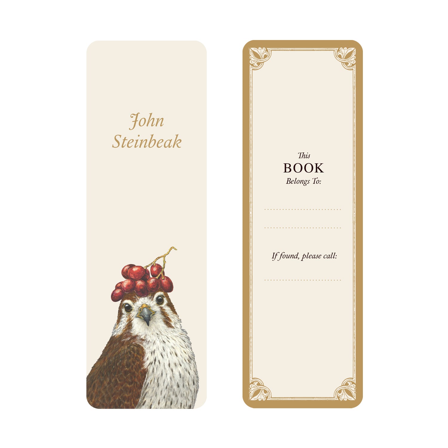Iconic Authors Bookmark featuring artwork by Vicki Sawyer of a bird wearing fruit and a pun name "John Steinbeak" on the front. The back features "This book belongs to:" on a cream background with a gold border.