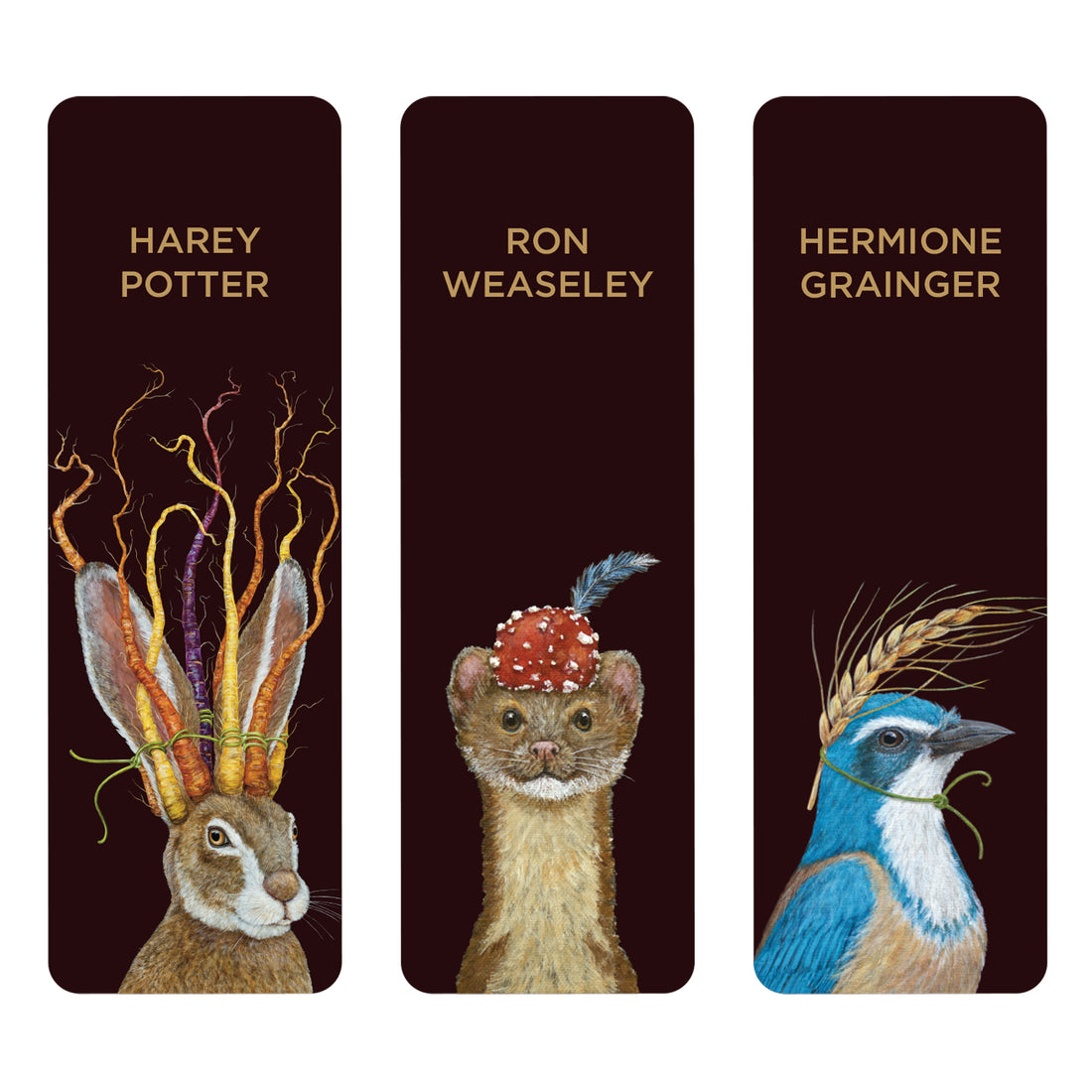 Potterhead Bookmarks featuring artwork by Vicki Sawyer of animals with hats: a hare crowned with carrots named Harey Potter, a weasel with a mushroom chapeau called Ron Weaseley, and a bird sporting a wheat stalk known as Hermoine Grainger. All a pun on names from the Harry Potter series.