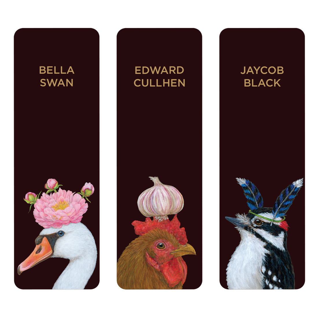 Fang Fiction Bookmarks featuring artwork by Vicki Sawyer of animals with hats: a swan crowned with Peonies named Bella Swan, a hen with a an onion called Edward Cullhen, and a bird sporting a feathers known as Jaycob Black. All a play on names from the Twilight Series.