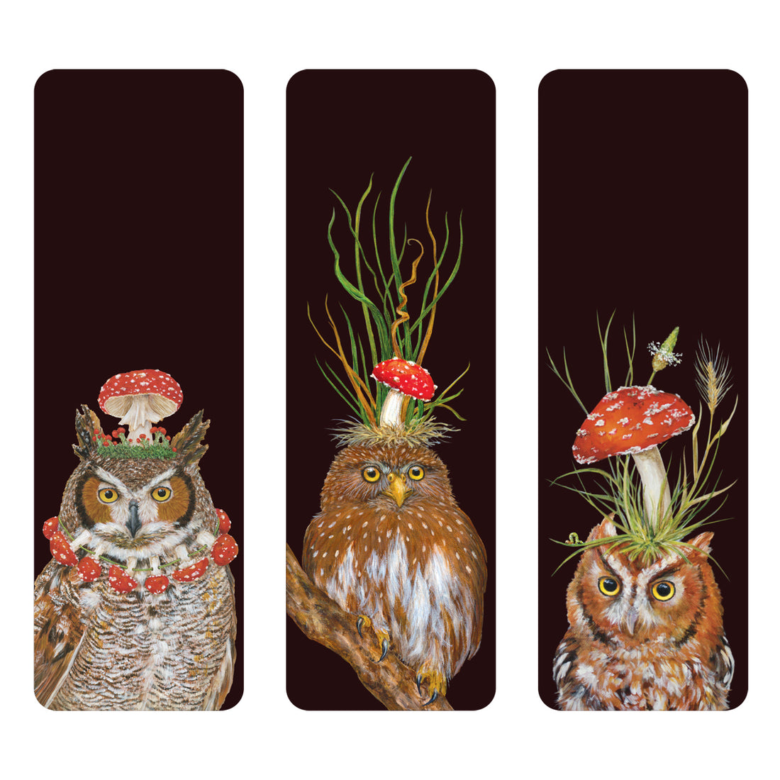 Wise Owl Bookmarks Set of 3 featuring artwork by Vicki Sawyer of owls wearing red mushrooms and plants on their heads against a black background.