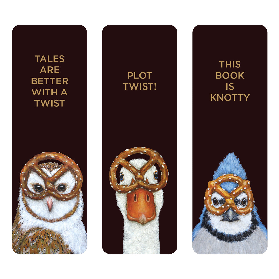 Plot Twist Bookmarks Set of 3 featuring artwork by Vicki Sawyer of animals with pretzels on their face. The first with &quot;Tales are better with a twist&quot; and an owl, the second &quot;Plot twist!&quot; with a duck, and the last &quot;This book is knotty&quot; with a bird.

Plot Twist Bookmarks Set of 3 featuring artwork by Vicki Sawyer —each animal wears a pretzel as glasses, paired with playful phrases: &quot;Tales are better with a twist,&quot; &quot;Plot twist!,&quot; and &quot;This book is knotty.