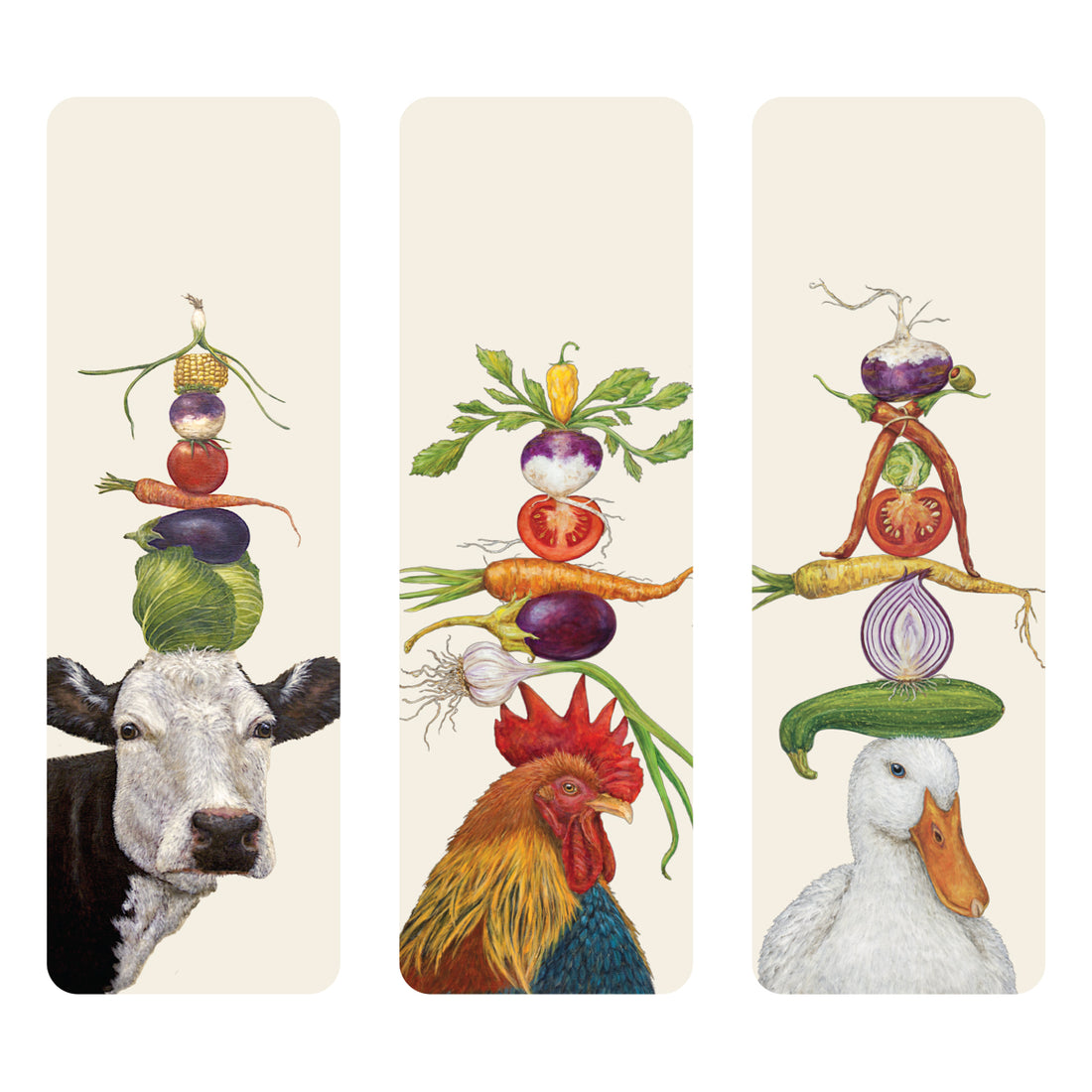 Balanced Diet Bookmarks Set of 3 featuring artwork by Vicki Sawyer featuring a cow, a rooster, and a duck balancing stacks of vegetables on their heads.