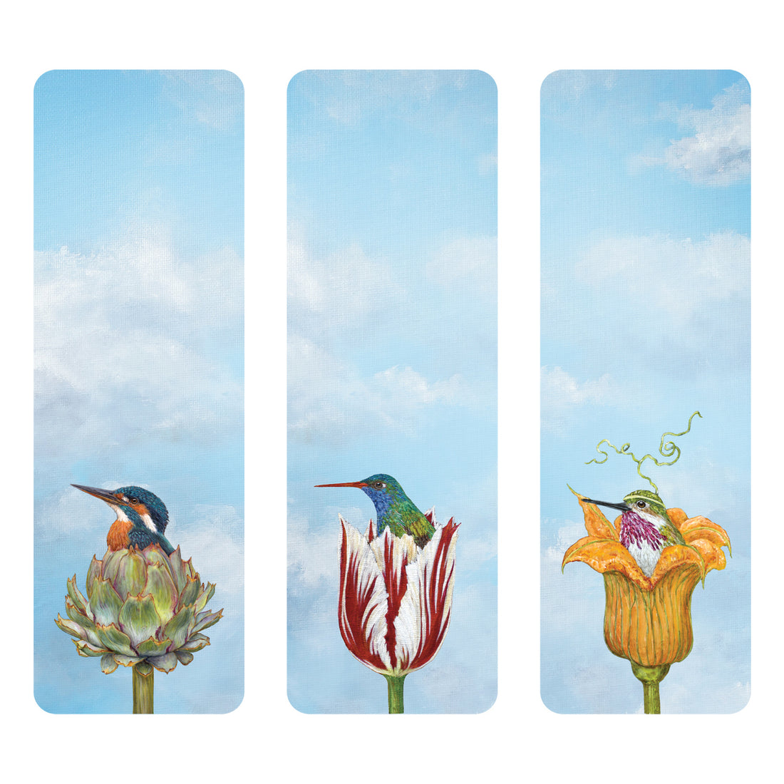 Birds in Bloom Bookmarks Set of 3 featuring three illustrated birds by Vicki Sawyer nestled in different flower blooms—an artichoke, a tulip, and a yellow flower—against a blue sky with clouds.