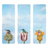 Birds in Bloom Bookmarks Set of 3 featuring three illustrated birds by Vicki Sawyer nestled in different flower blooms—an artichoke, a tulip, and a yellow flower—against a blue sky with clouds.
