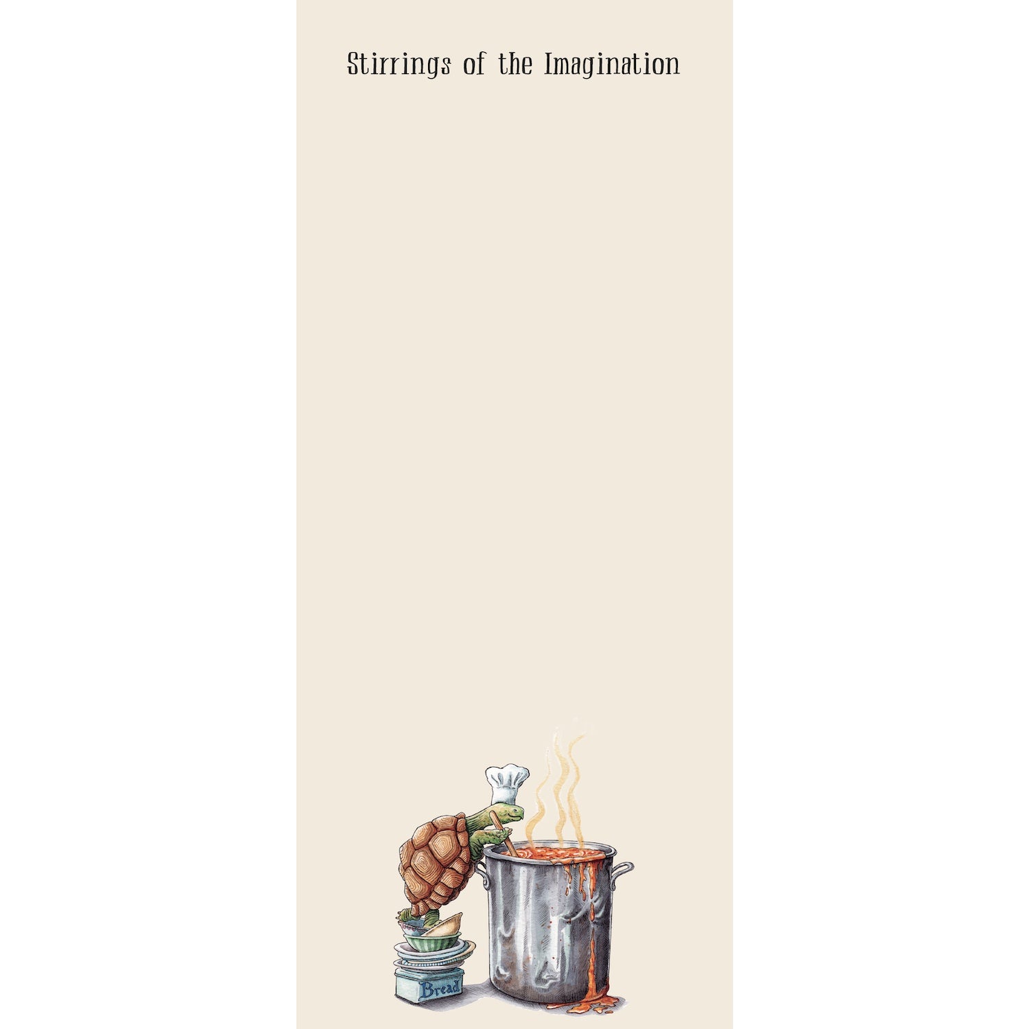 A rectangular cream notepad featuring a whimsical illustration of a turtle in a chef&