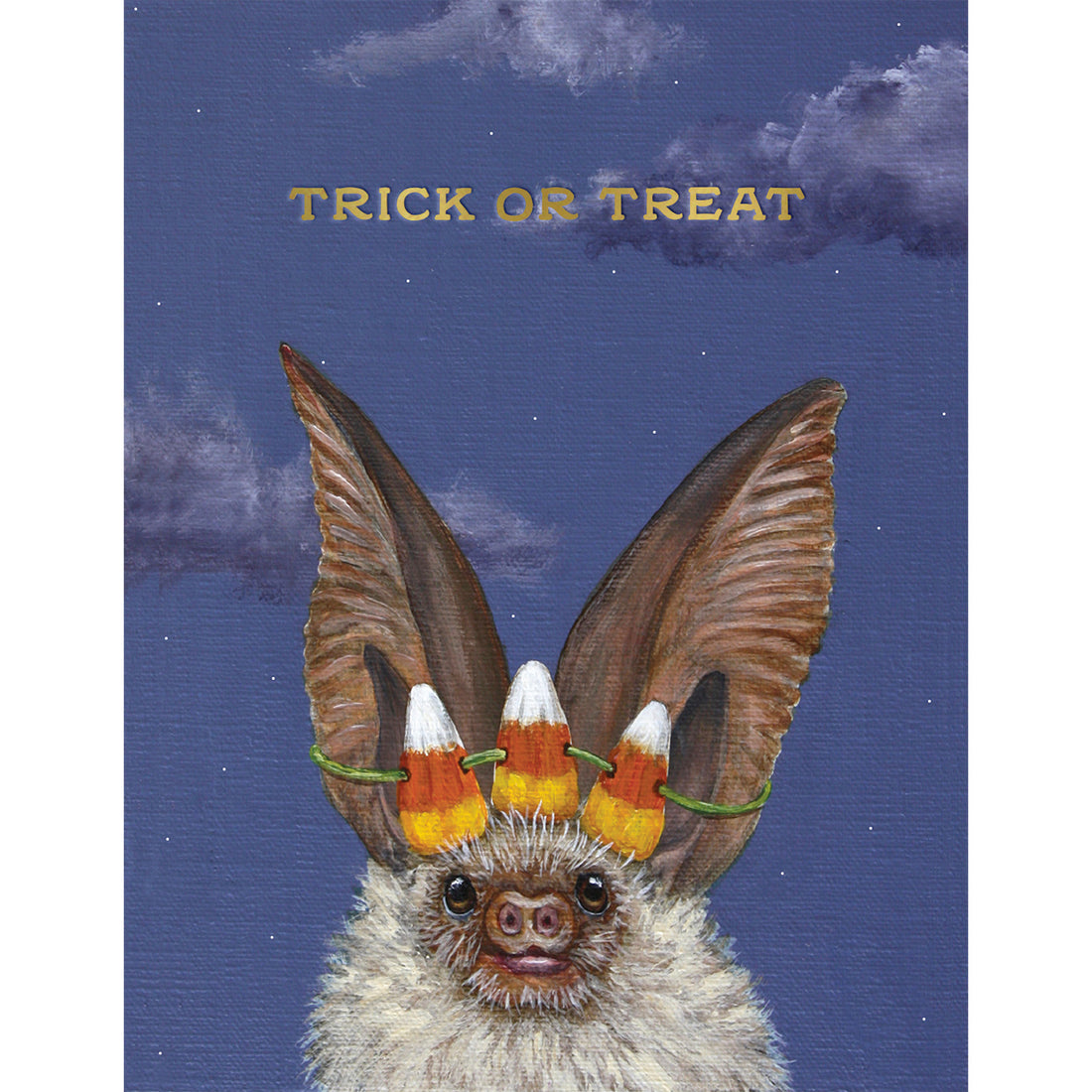 A realistic illustration of a bat adorned with a candy corn garland around his ears, against a night blue sky, with the words &quot;TRICK OR TREAT&quot; in gold letters above his head.