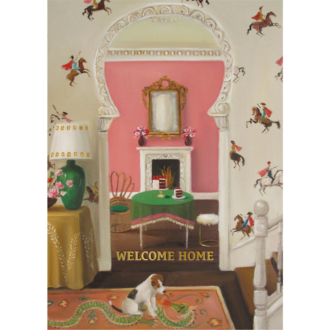 Welcome Home Dog Card featuring artwork by Janet Hill of a dog in a home  and cake on a table in the background.