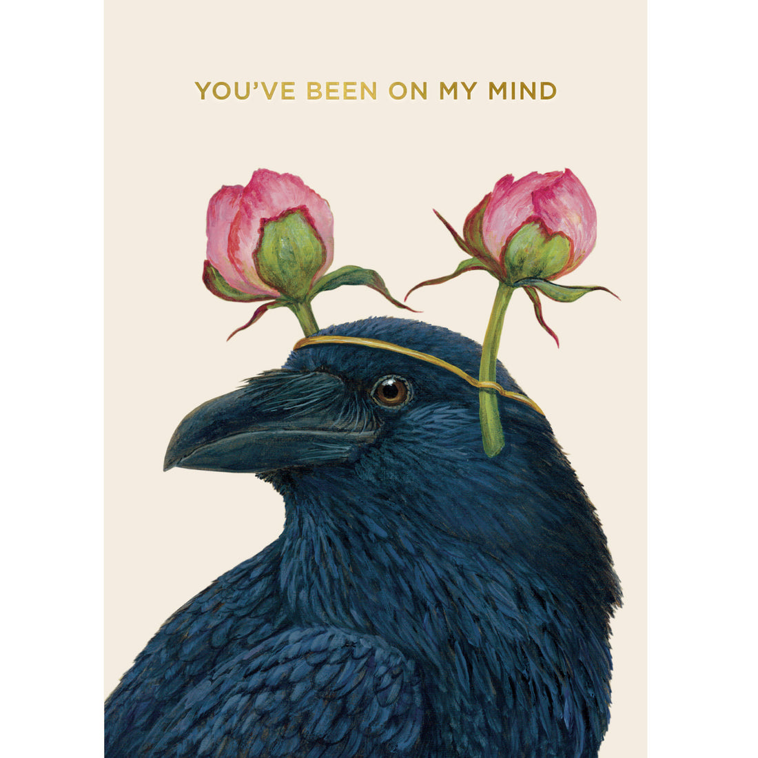 An illustration of a Raven with two pink flower buds on its head, secured by a yellow band, sits beneath the text &quot;YOU&