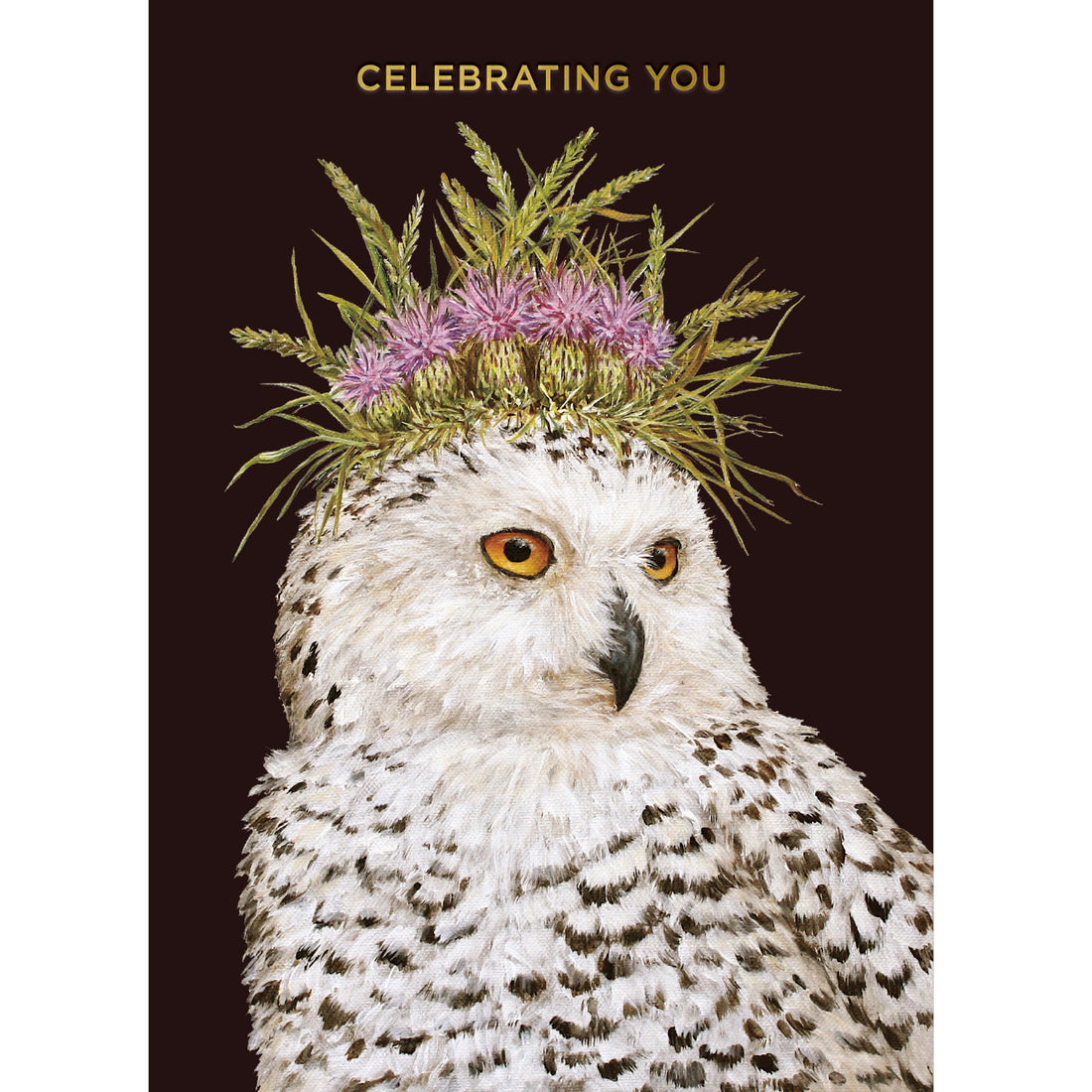 An illustration of a white owl adorned with a flower crown, below the words &quot;CELEBRATING YOU&quot;, against a black background.