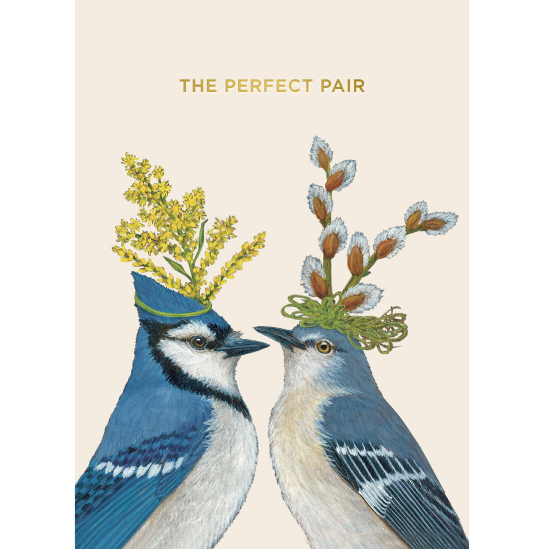 An illustration of two blue birds facing each other, adorned with flower crowns below the text &quot;THE PERFECT PAIR&quot;, against a cream background.