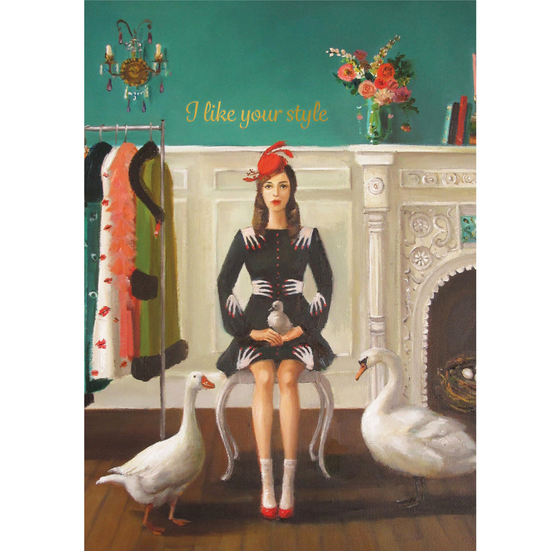 Swan and Duck Card featuring artwork by Janet Hill with "I like your style" in gold text on it.