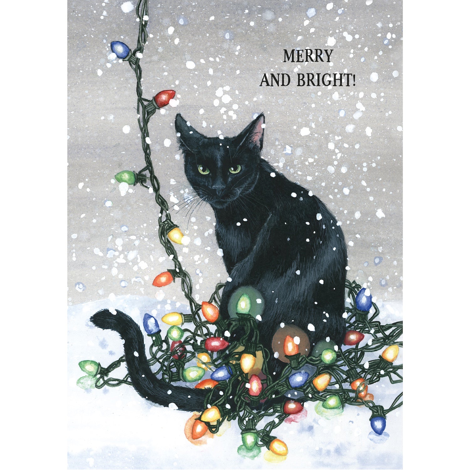 An illustration of a black cat sitting on tangled Christmas lights on a snowy background, with the words "MERRY AND BRIGHT!".