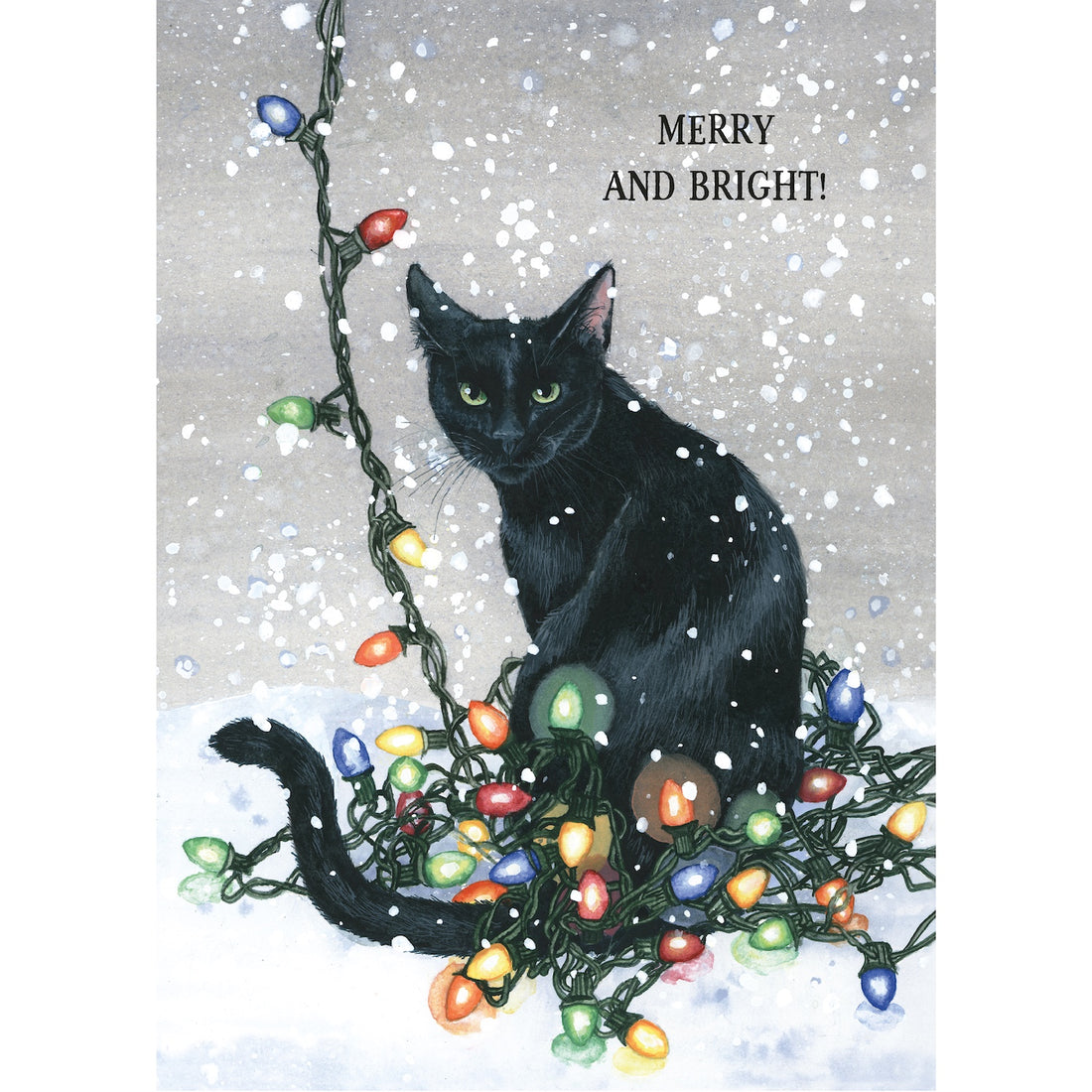 An illustration of a black cat sitting on tangled Christmas lights on a snowy background, with the words &quot;MERRY AND BRIGHT!&quot;.