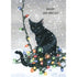 An illustration of a black cat sitting on tangled Christmas lights on a snowy background, with the words "MERRY AND BRIGHT!".