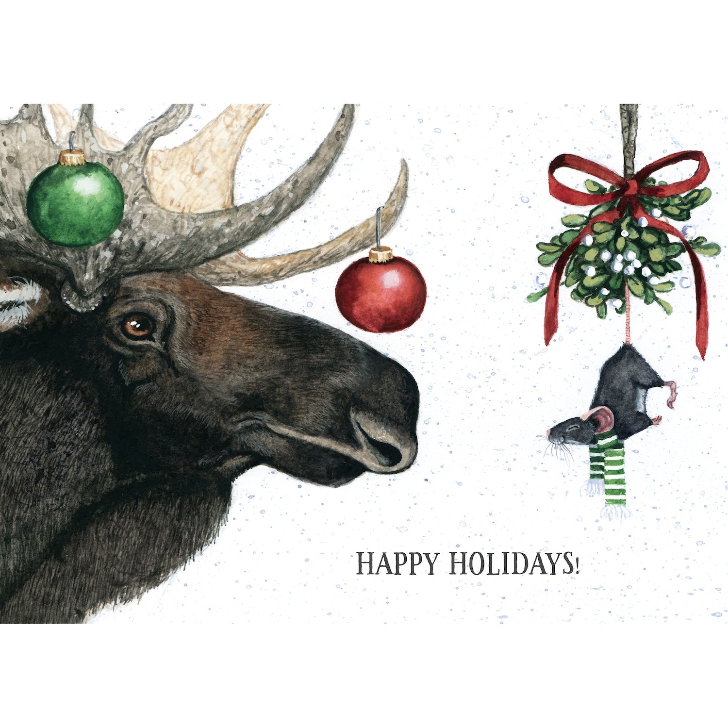 An illustration of a moose with ornaments hanging on its antlers, across from a mouse with a scarf on hanging from mistletoe, featuring the words "HAPPY HOLIDAYS!".