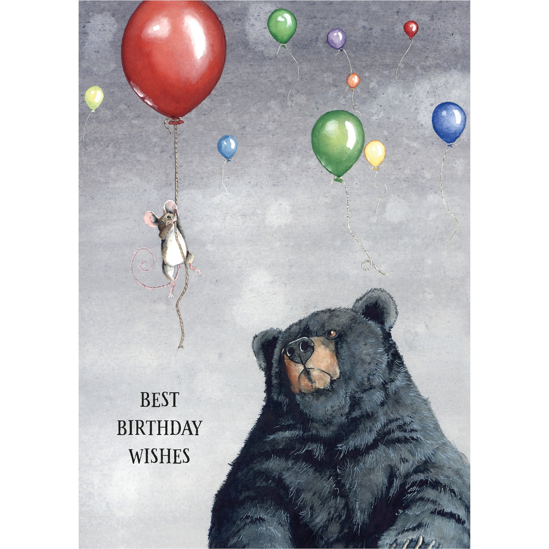 An illustration of a sky filled with balloons featuring a  mouse hanging onto one with a black bear below, and the text: &quot;BEST BIRTHDAY WISHES&quot;.