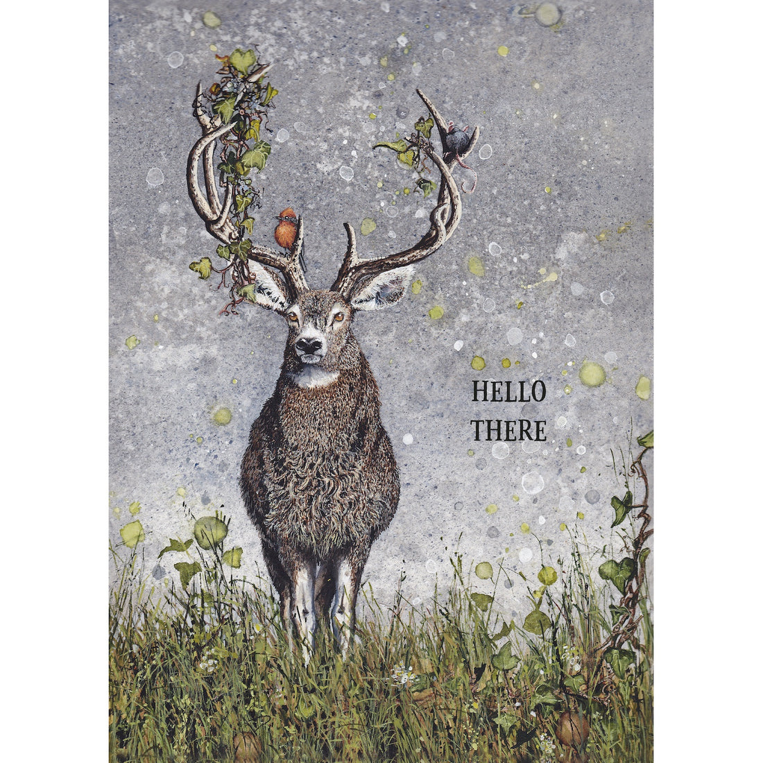 An illustration of a stag in the wild with various birds and greenery on its antlers featuring the text: &quot;HELLO THERE&quot;.
