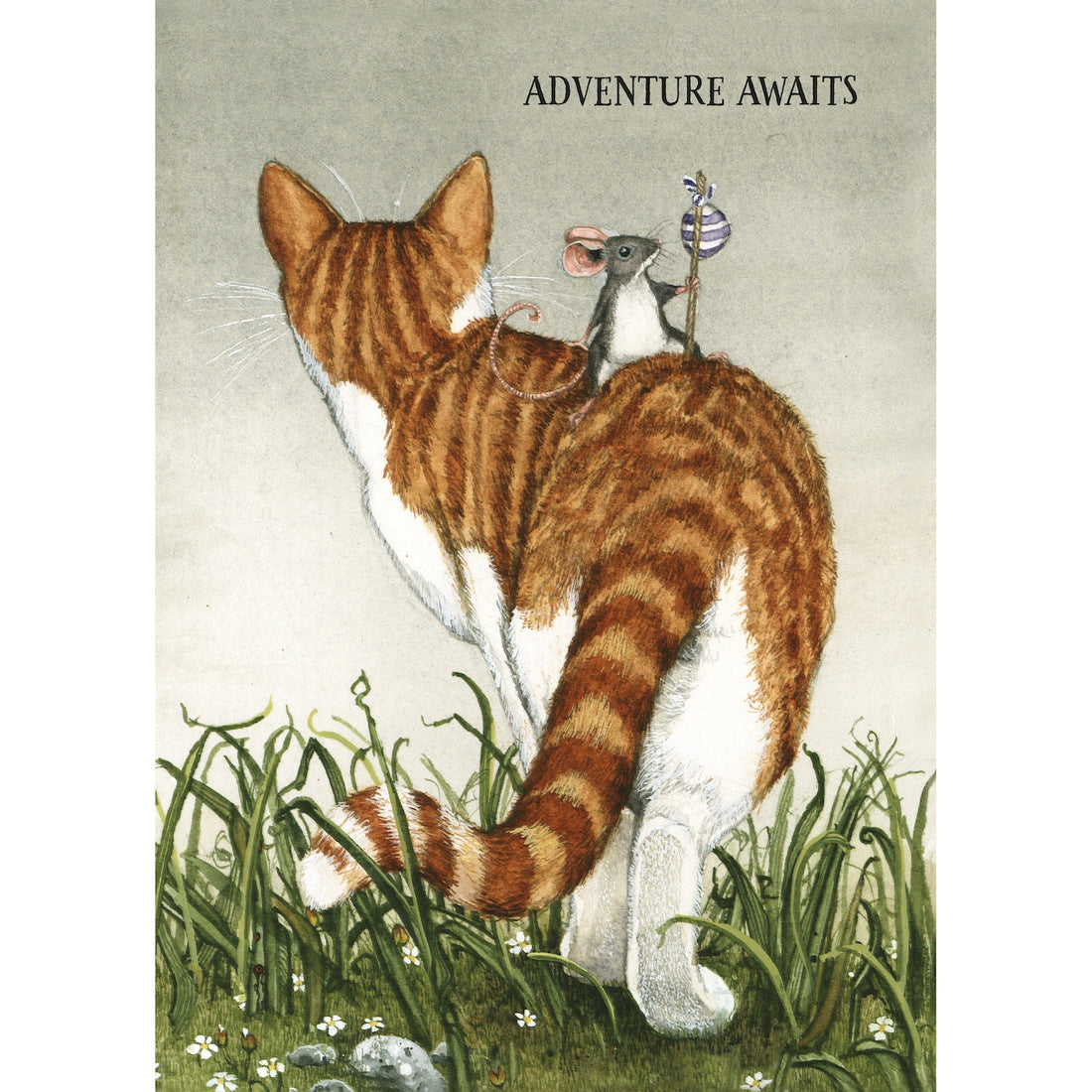 An illustration of a cat walking away in the grass, with a mouse holding a bindle atop, and the text: &quot;ADVENTURE AWAITS&quot;.