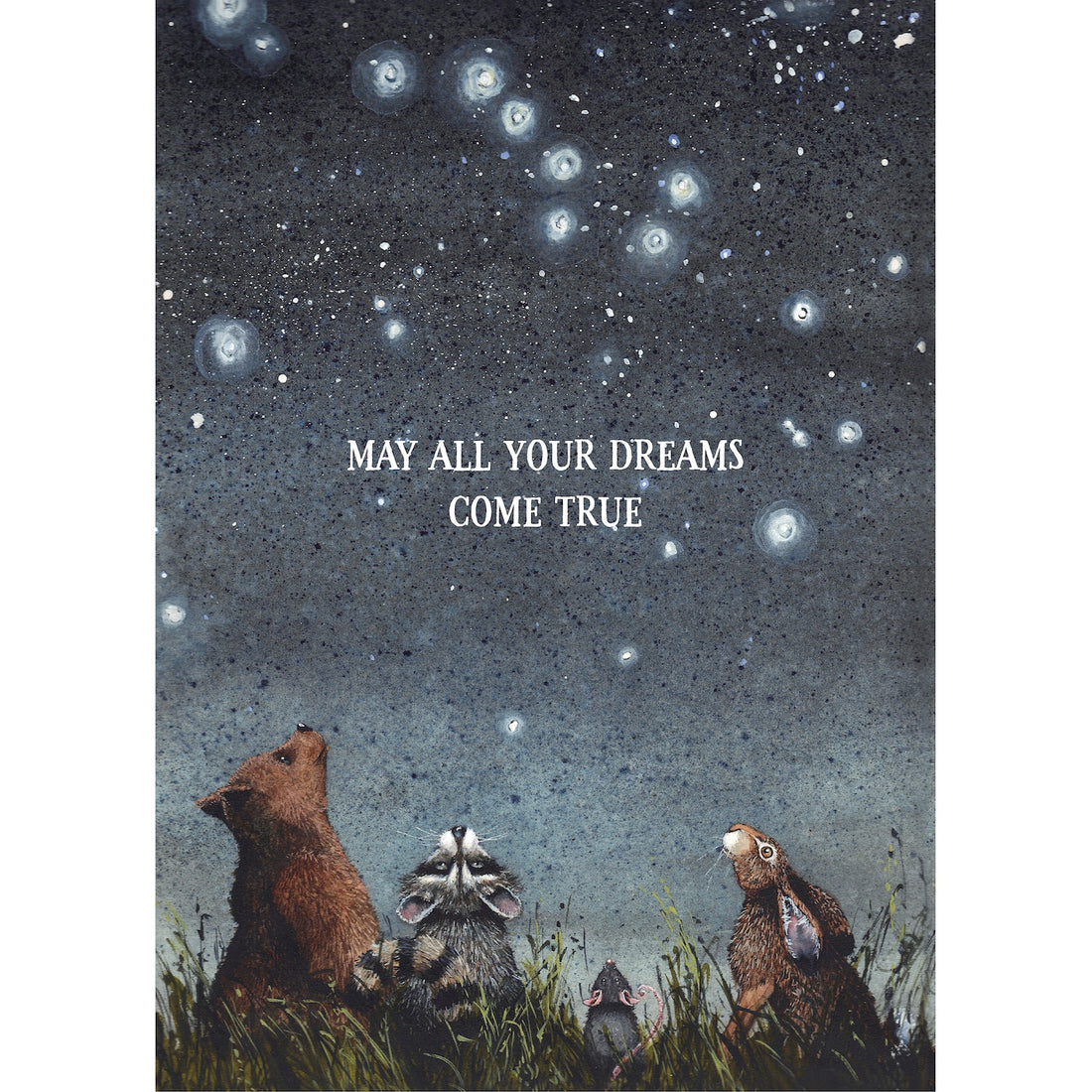 An illustration of a bear, raccoon and rabbit looking up at the constellations from the grass and the text: &quot;MAY ALL YOUR DREAMS COME TRUE&quot;.