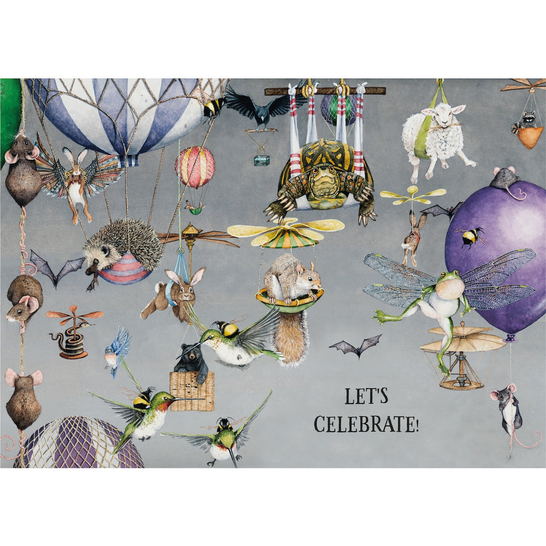An illustration of various animals riding in hot hair balloons and holding on to balloons strings. Text reads &quot;LET&