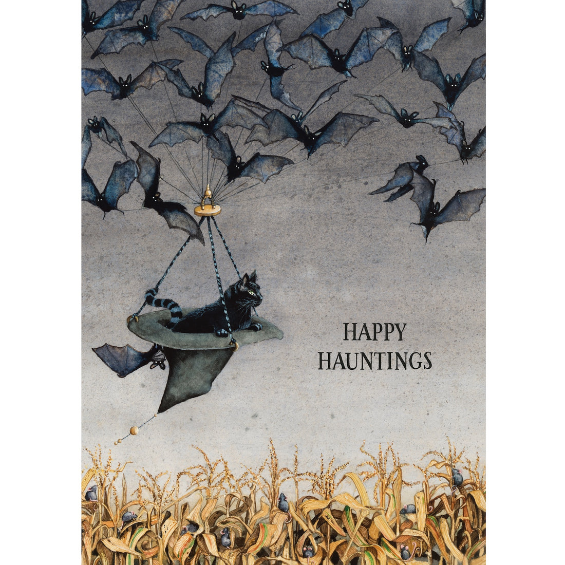 An illustration of a cat riding above a corn field in a witches hat, pulled by flying bats and the text: &quot;HAPPY HAUNTINGS&quot;.