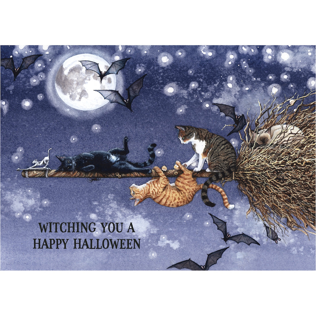 An illustration of four cats sitting on a broomstick, soaring through a starry night sky with bats and a full moon. Text reads: &quot;WITCHING YOU A HAPPY HALLOWEEN.&quot;