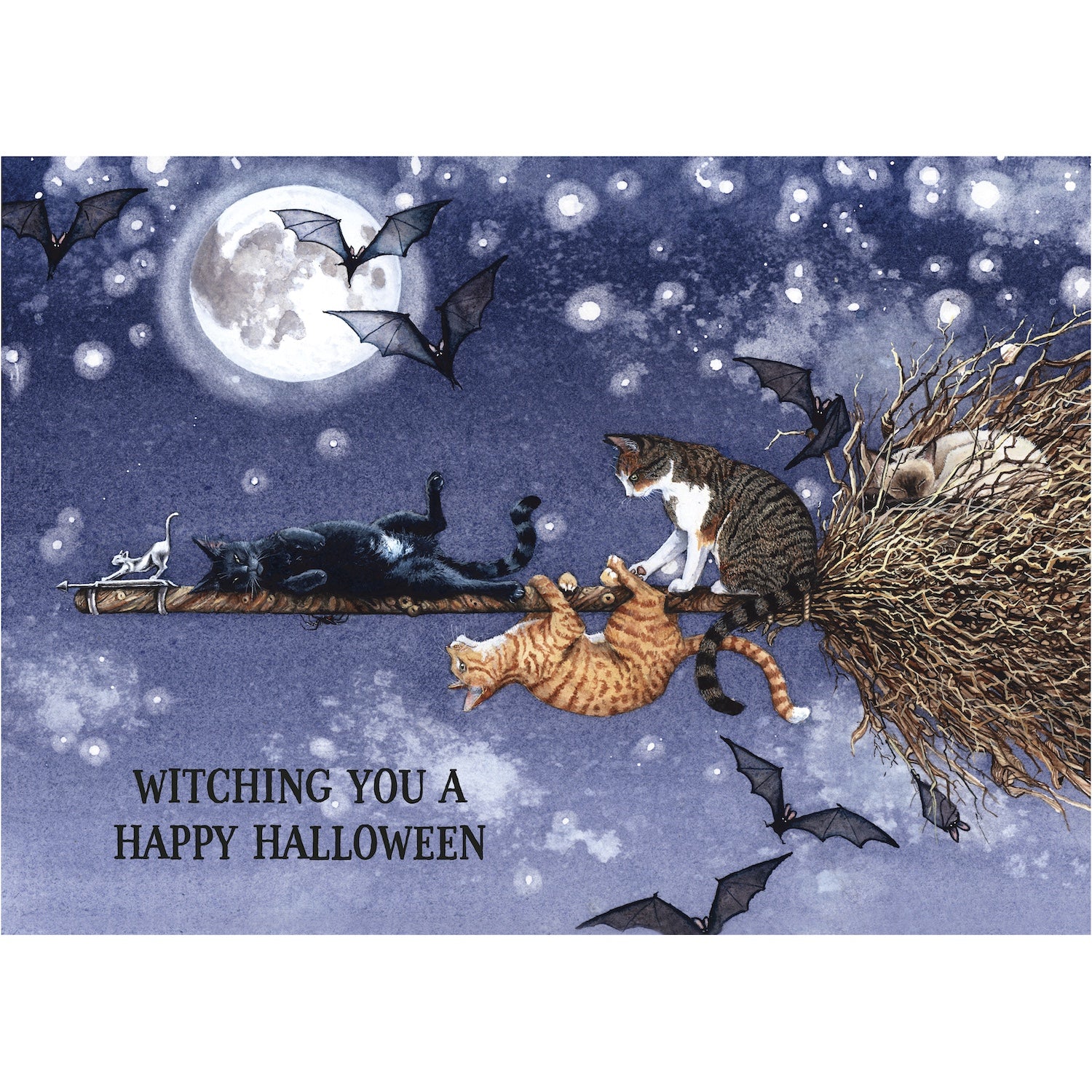An illustration of four cats sitting on a broomstick, soaring through a starry night sky with bats and a full moon. Text reads: &quot;WITCHING YOU A HAPPY HALLOWEEN.&quot;