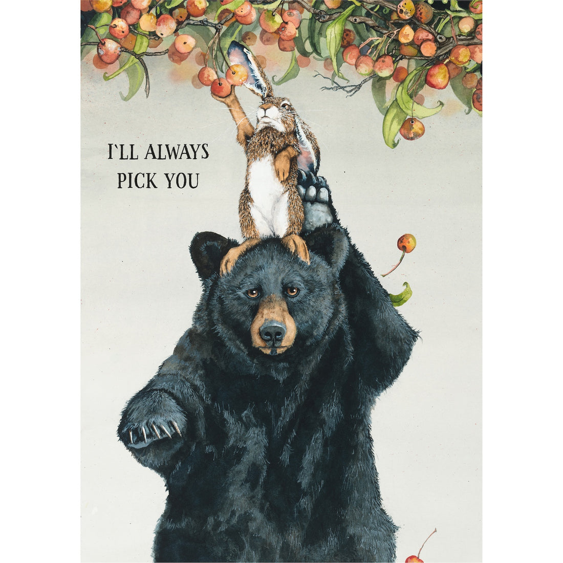 An illustration of a bear holding a rabbit on its head while it picks cherry apples. Text reads &quot;I&