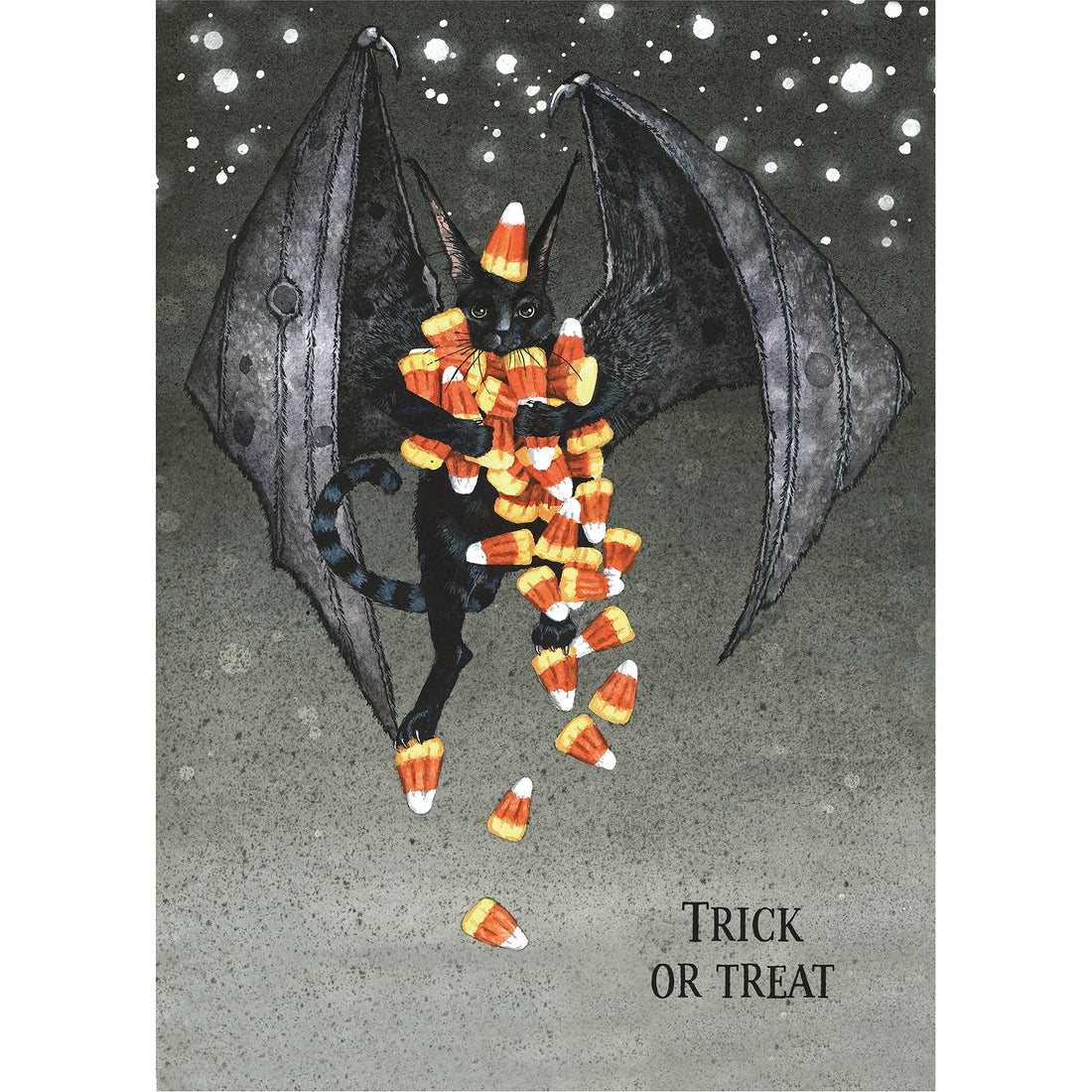 An illustration of a black cat with bat wings holding candy corn pieces and text that reads: "TRICK OF TREAT".