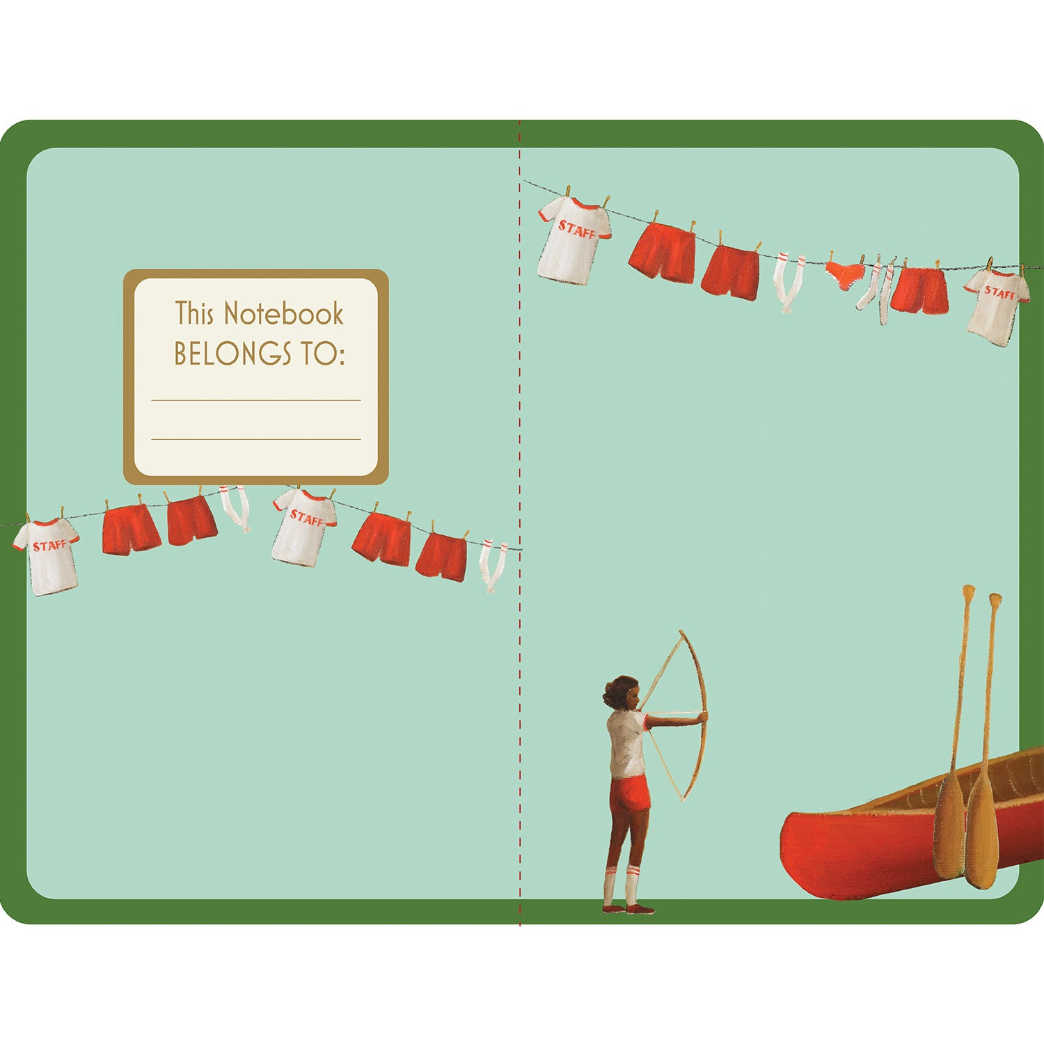 The inside front and back covers of the Summer Camp Notebook features a teal background framed in green, with the clothesline artwork across both sides. The front inner cover is labeled "This Notebook Belongs To:" with blank lines inside a gold frame, and the back cover features the canoe, paddles, and a child pulling a bow.