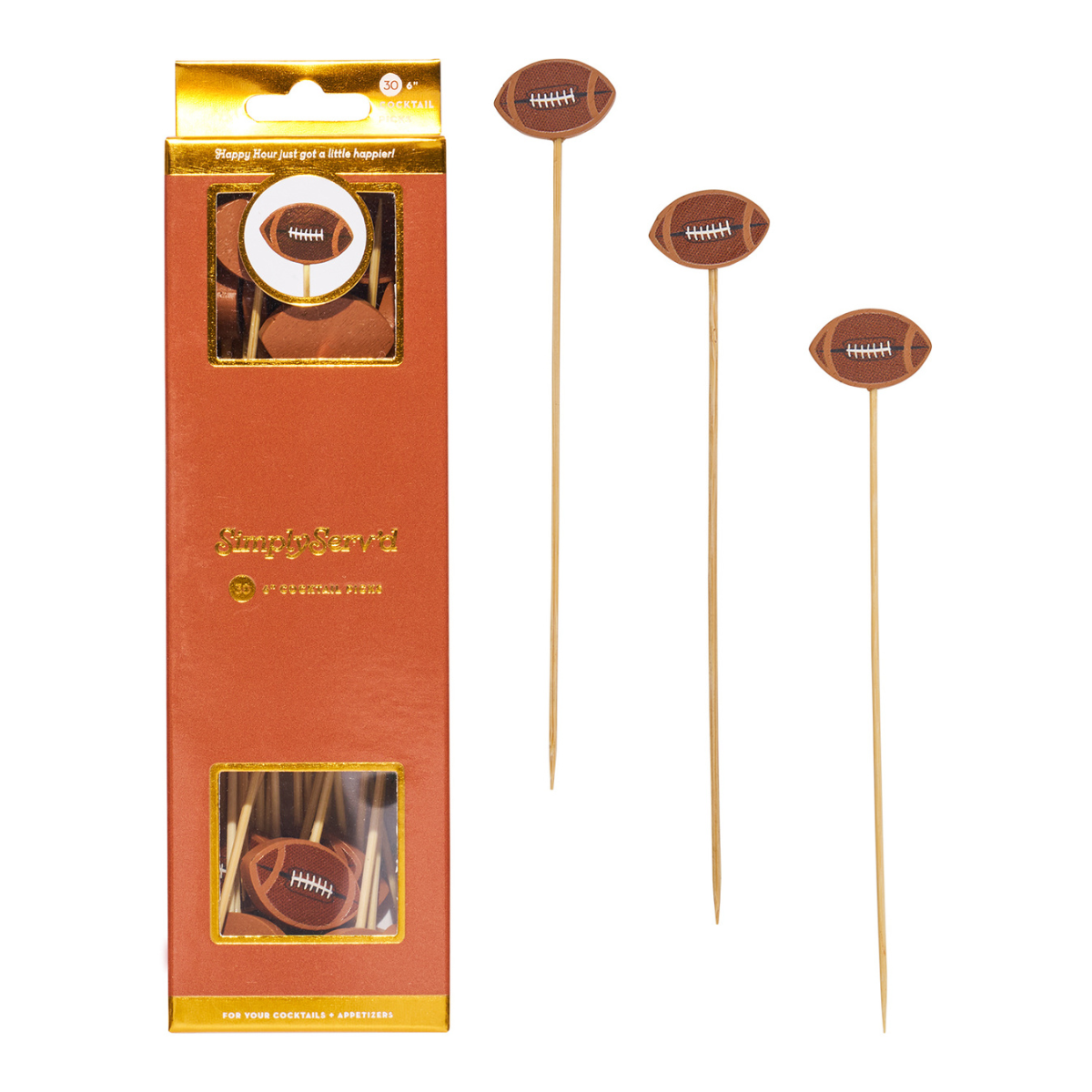 Football-themed cocktail picks with packaging on a white background.