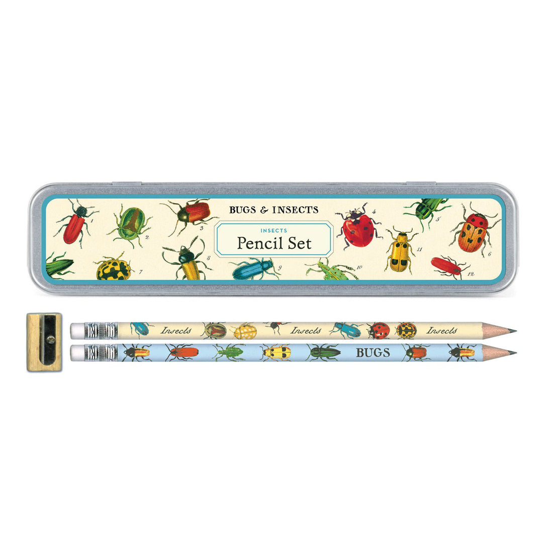 Bugs & Insects Pencil box with 2 pencils below and a small sharpener.