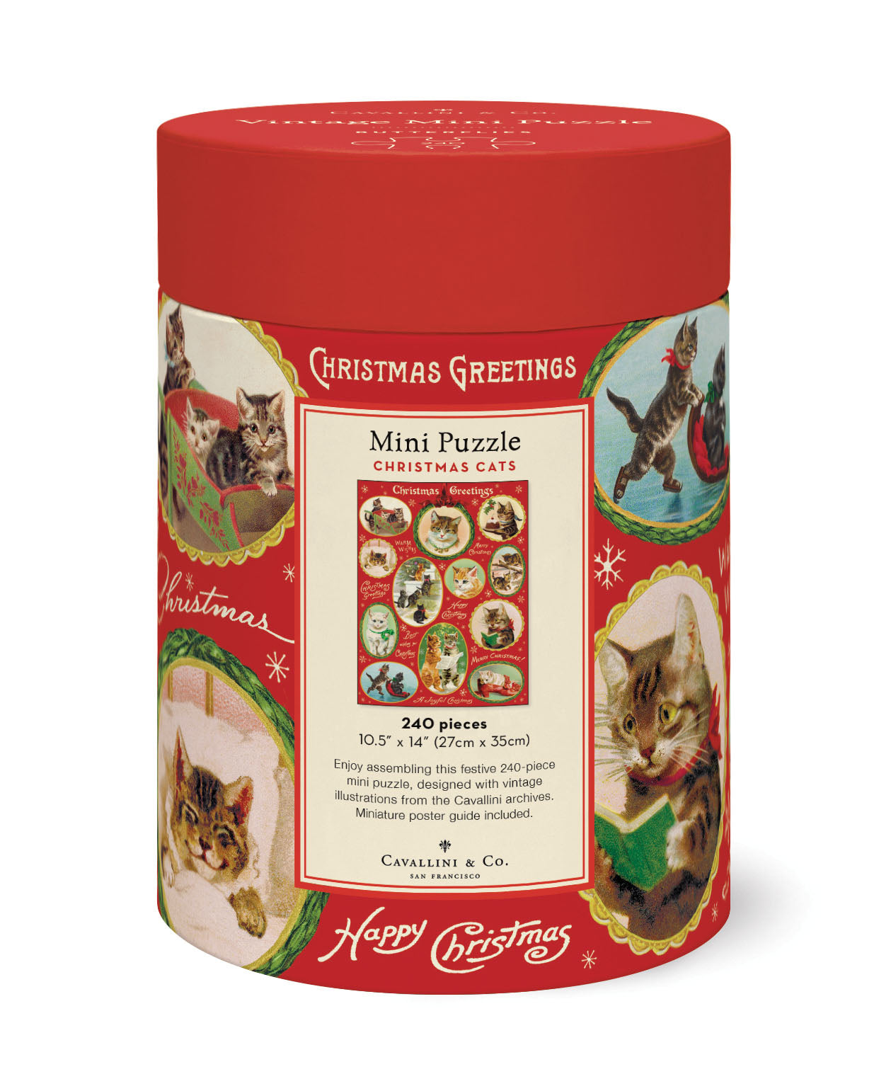 Red cylindrical puzzle box with Christmas-themed cat illustrations on a white background.