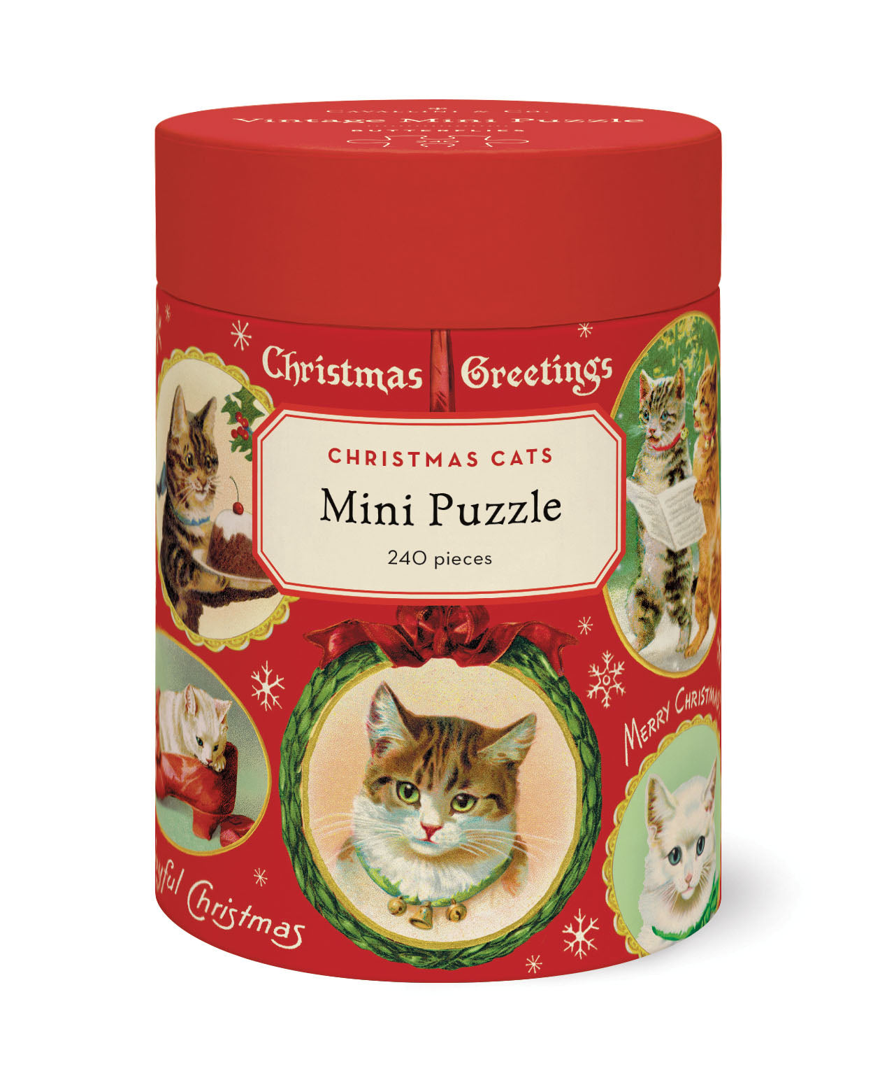 Red cylindrical puzzle box with Christmas-themed cat illustrations on a white background.